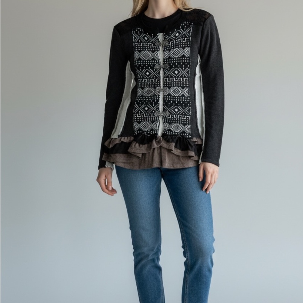 BKE cardigan small. Ruffled bottom. Lace back. Timeless clasps